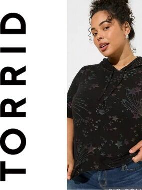 TORRID Super Soft Slub Puff Short Sleeve Hoodie Cosmic Stars Deep Black Size 0/L